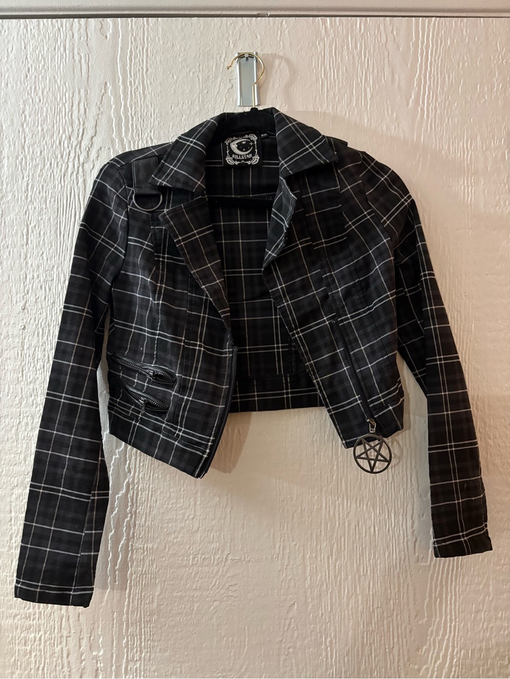 Killstar Plaid Cropped Moto Jacket style Blazer - Black/White size XS